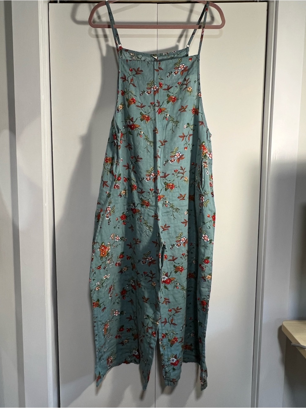 Boho Floral Wide Leg Overall Jumpsuit Oversized Sage Blue